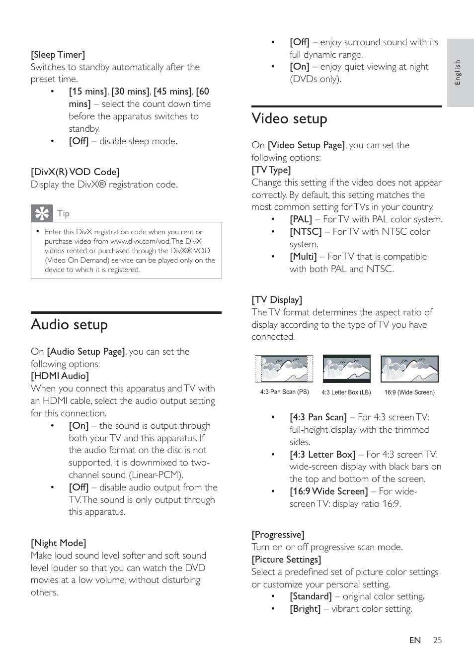 Video setup, Audio setup | Philips HSB4383/12 User Manual | Page 24 / 37