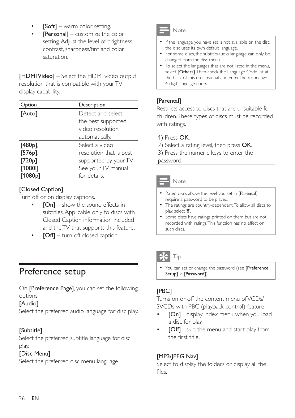 Preference setup | Philips HSB4383/12 User Manual | Page 25 / 37