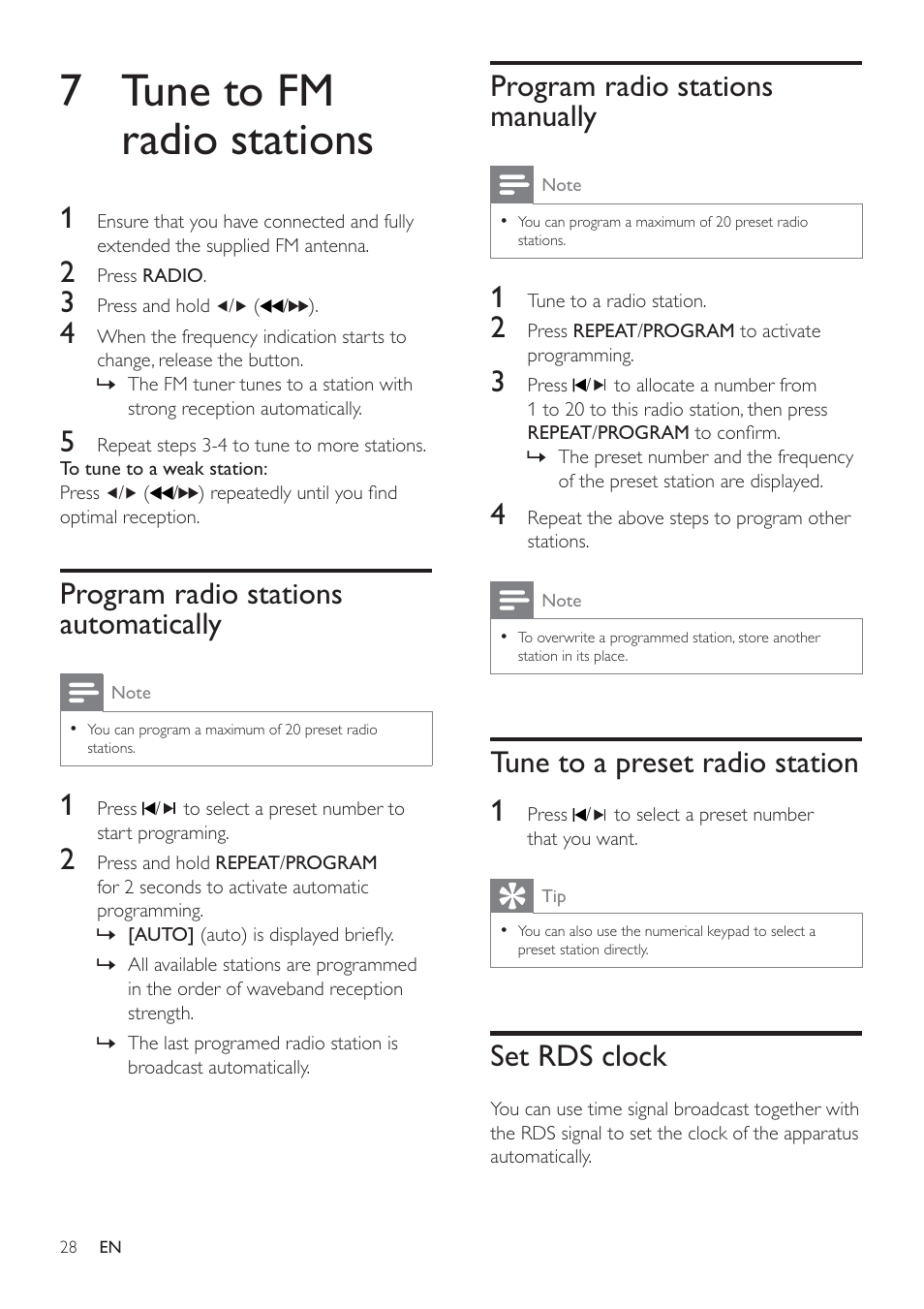 7 tune to fm radio stations, Program radio stations manually, Tune to a preset radio station 1 | Set rds clock, Program radio stations automatically | Philips HSB4383/12 User Manual | Page 27 / 37