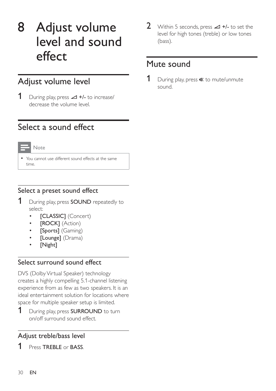 8 adjust volume level and sound effect, Mute sound 1, Adjust volume level 1 | Select a sound effect | Philips HSB4383/12 User Manual | Page 29 / 37