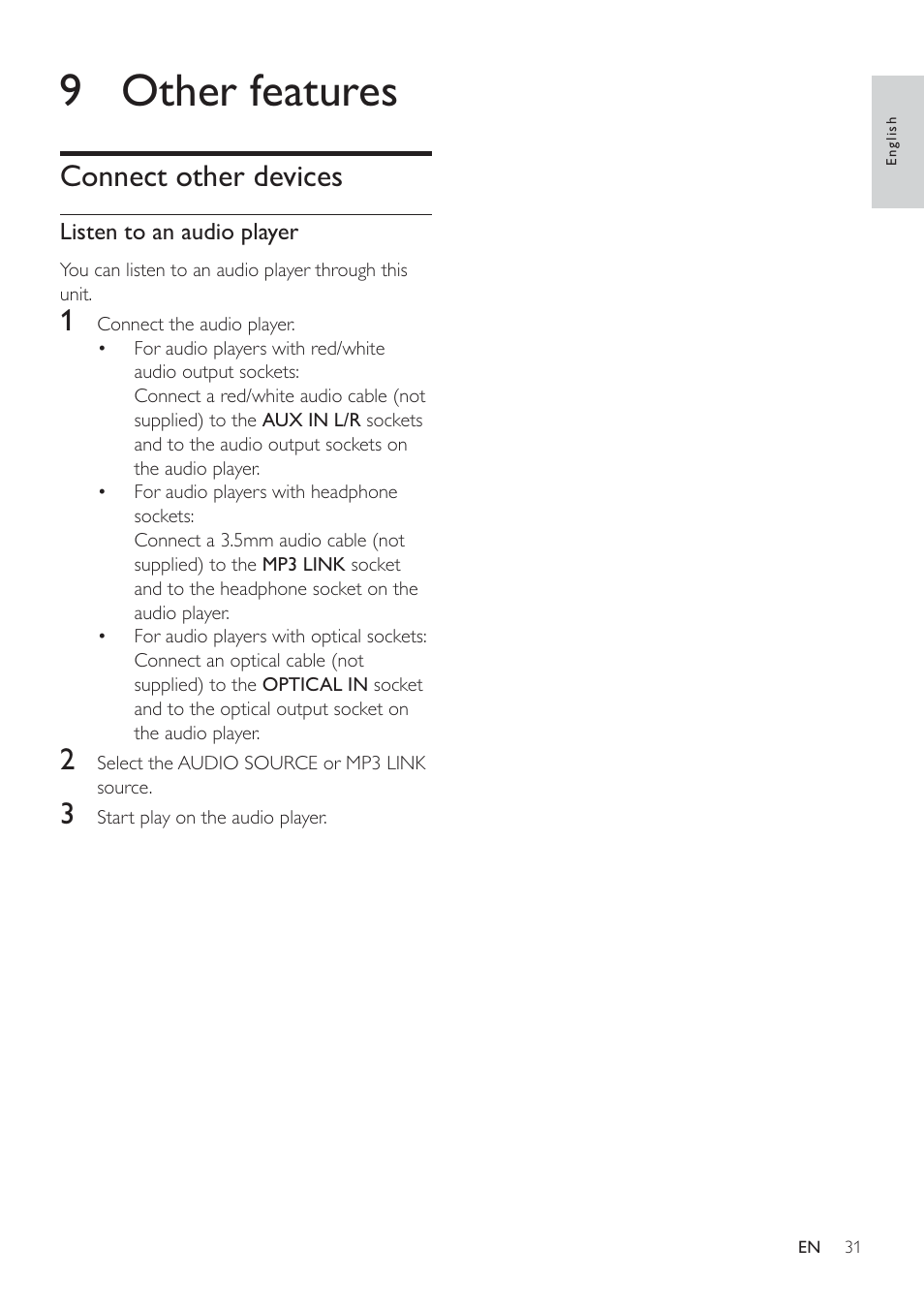 9 other features, Connect other devices | Philips HSB4383/12 User Manual | Page 30 / 37