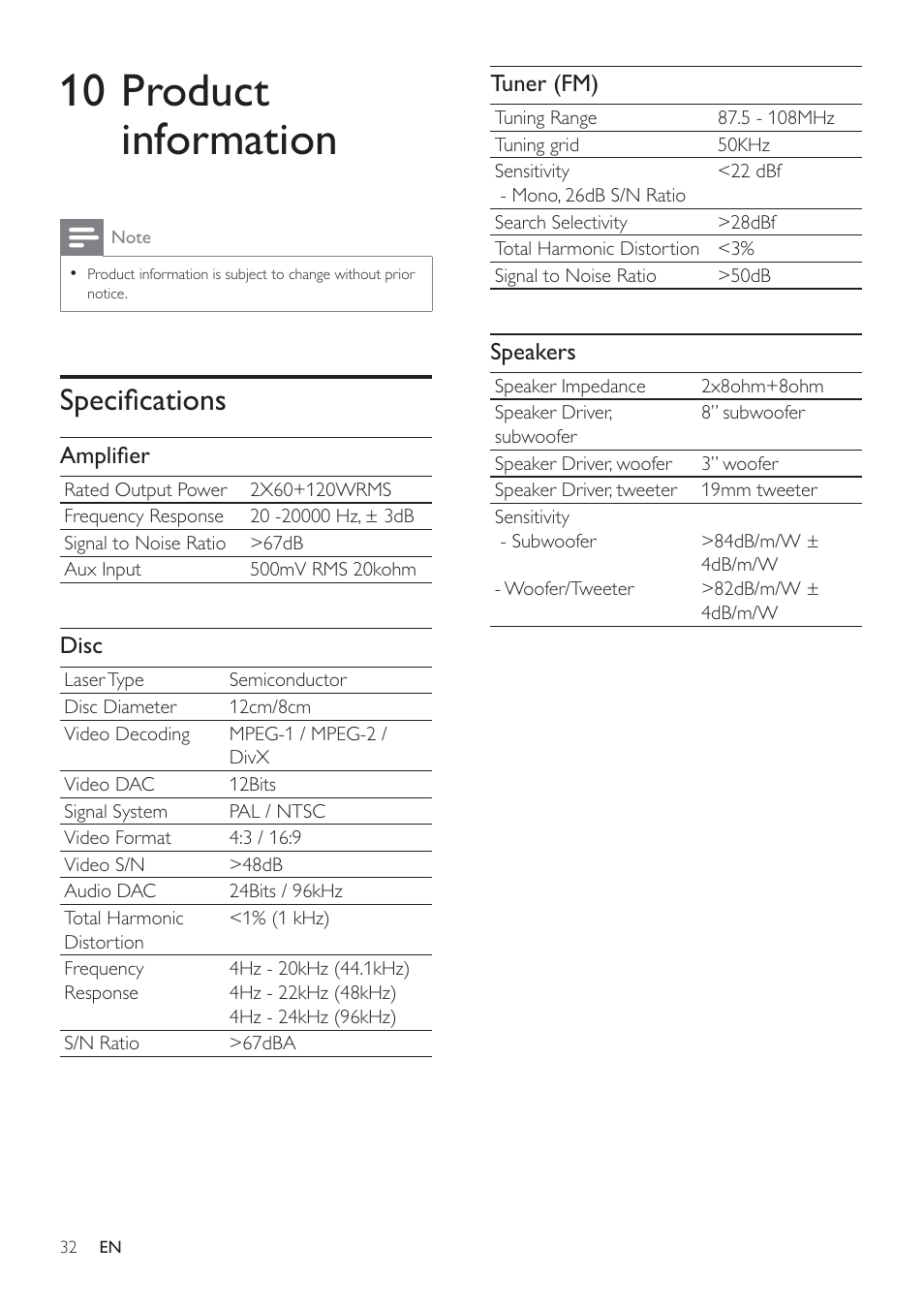 10 product information, Speciﬁ cations | Philips HSB4383/12 User Manual | Page 31 / 37