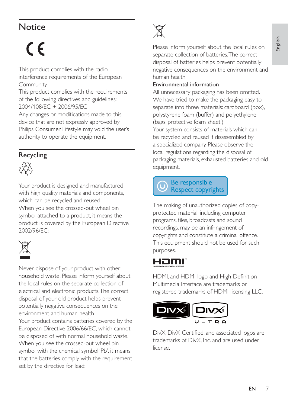 Notice, Recycling | Philips HSB4383/12 User Manual | Page 6 / 37