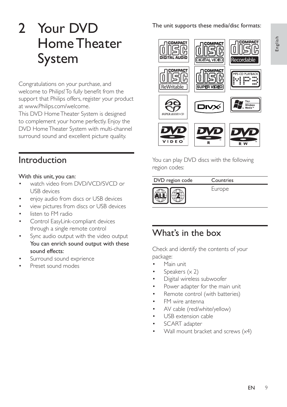 2 your dvd home theater system, What’s in the box, Introduction | Philips HSB4383/12 User Manual | Page 8 / 37
