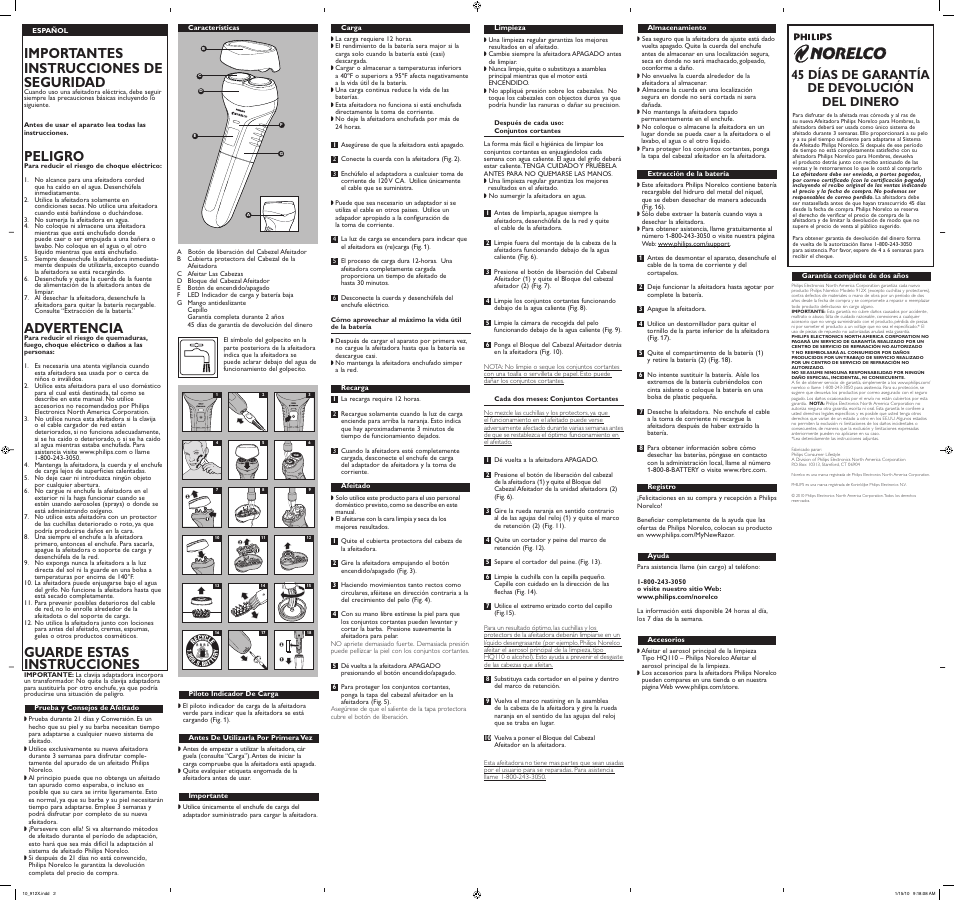 Importantes instrucciones de seguridad, Peligro, Advertencia | Guarde estas instrucciones, 45 días de garantía de devolución del dinero | Philips 912X/40 User Manual | Page 2 / 2