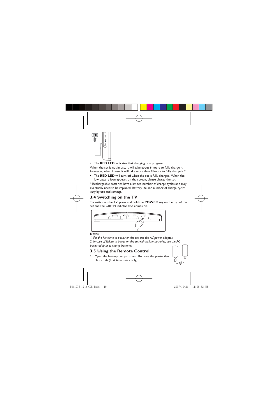 4 switching on the tv, 5 using the remote control | Philips PVD1075/12 User Manual | Page 10 / 31