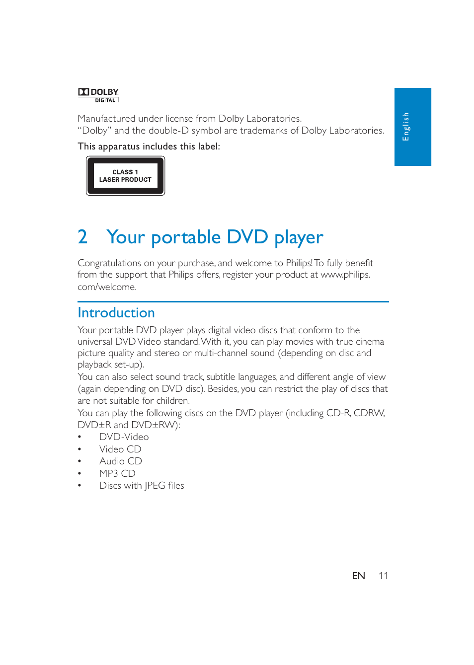 2your portable dvd player, Introduction | Philips PET741/37 User Manual | Page 11 / 20