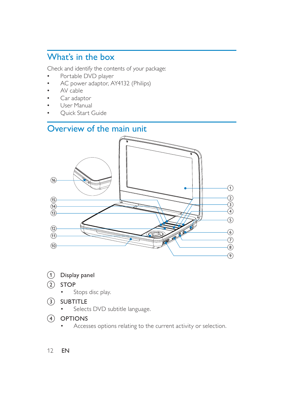 What’s in the box, Overview of the main unit | Philips PET741/37 User Manual | Page 12 / 20