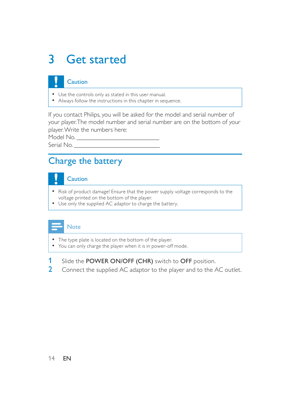 3get started, Charge the battery | Philips PET741/37 User Manual | Page 14 / 20