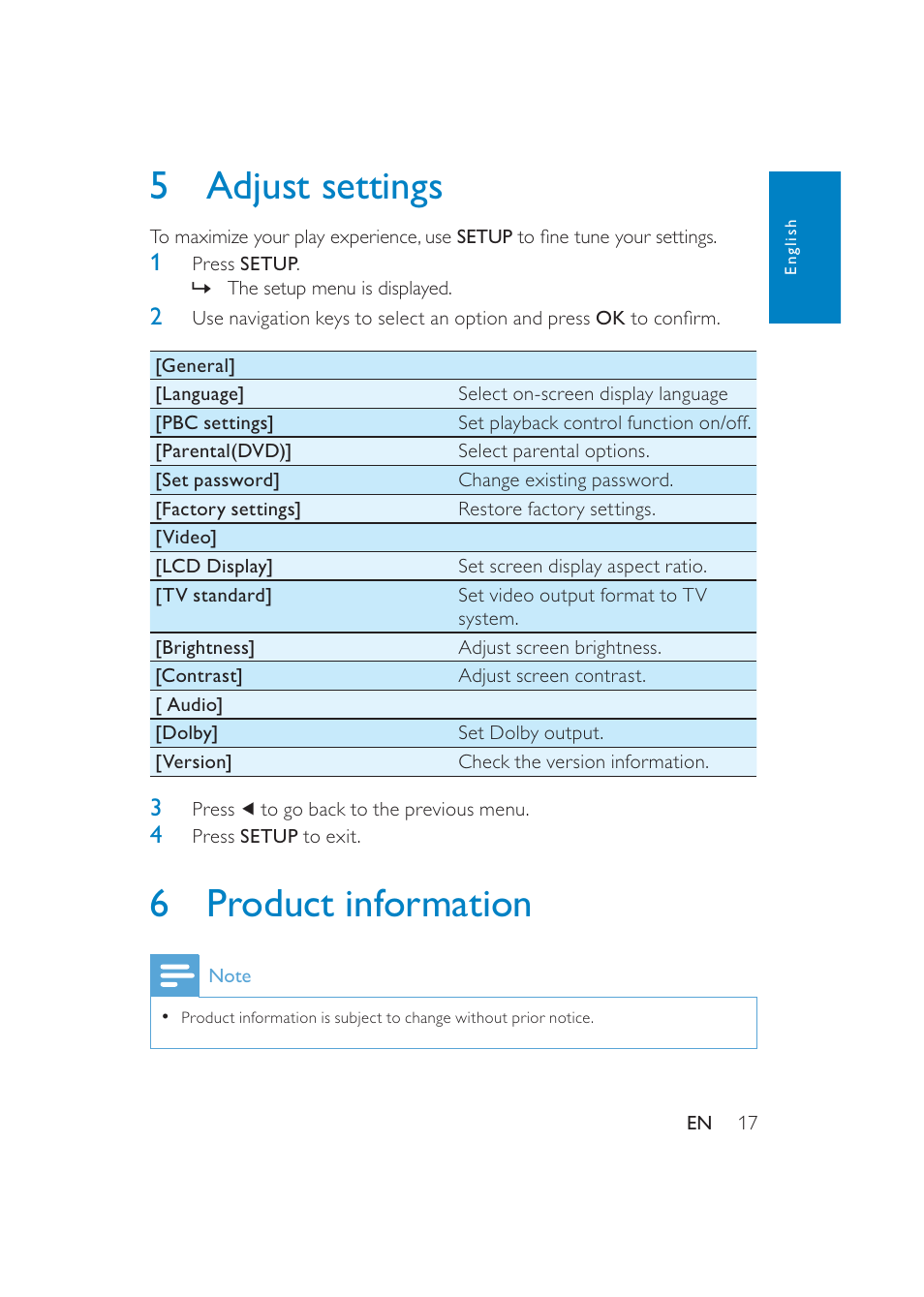 5adjust settings, 6product information | Philips PET741/37 User Manual | Page 17 / 20