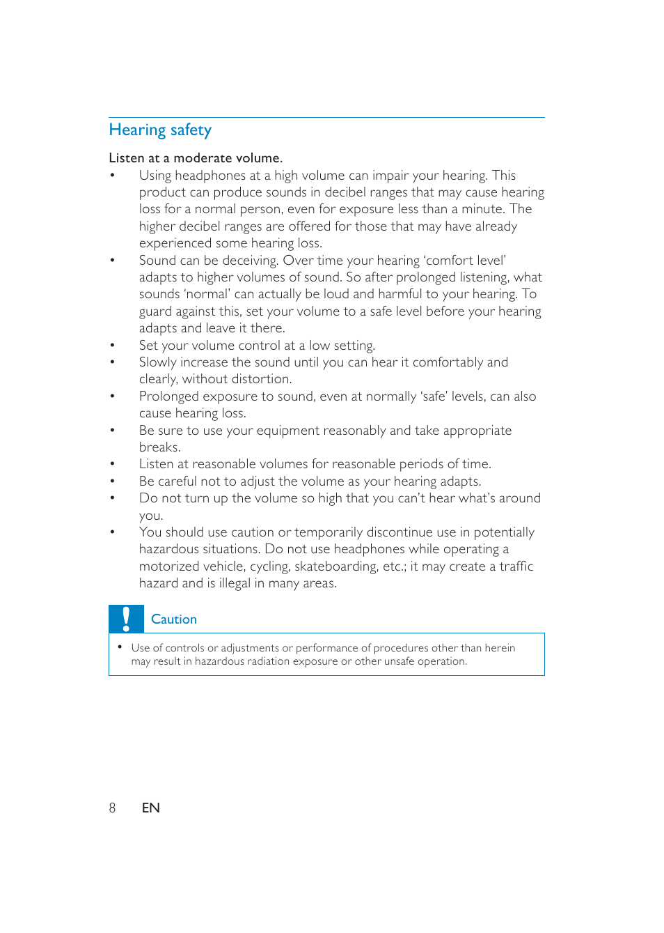 Hearing safety | Philips PET741/37 User Manual | Page 8 / 20