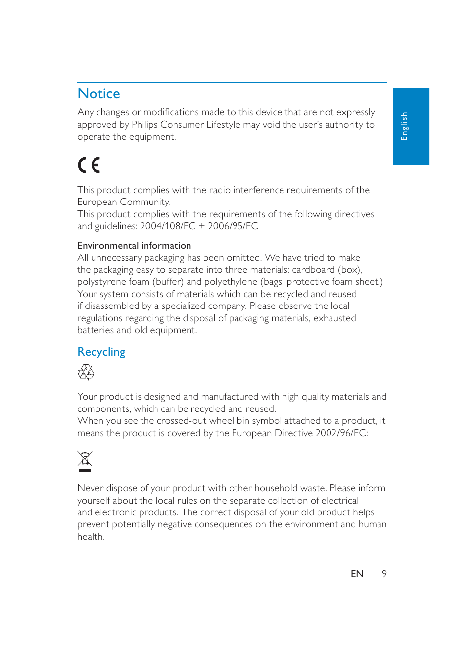 Notice, Recycling | Philips PET741/37 User Manual | Page 9 / 20
