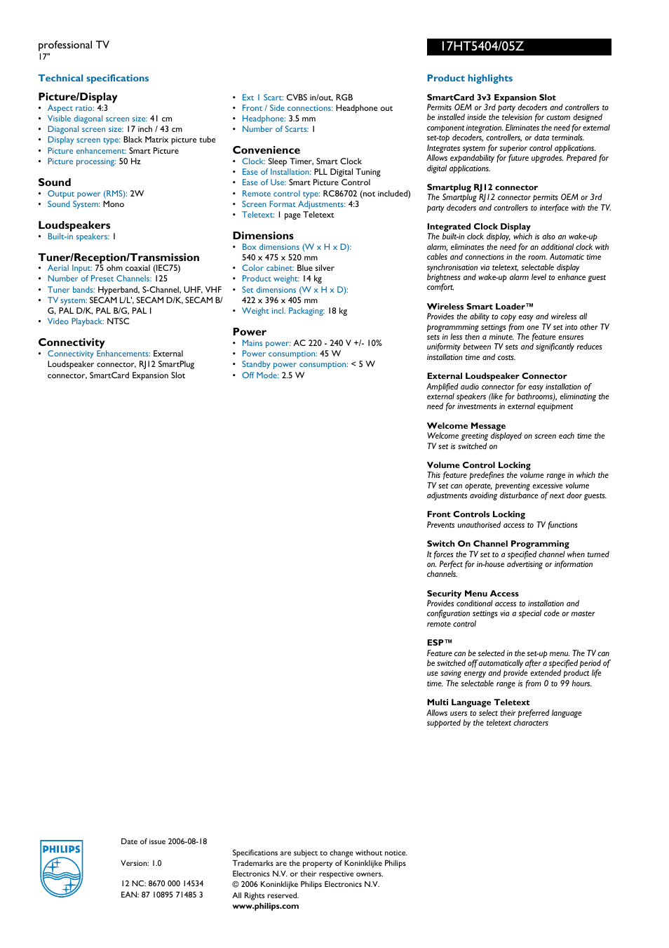 For preview purpose only | Philips 17HT5404 User Manual | Page 2 / 2