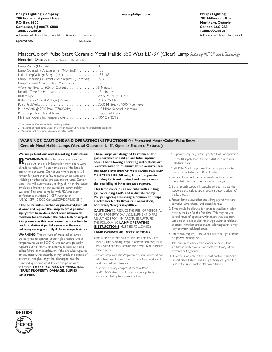 Mastercolor, Featuring alto, Lamptechnology electrical data | Philips ED-37 User Manual | Page 2 / 2