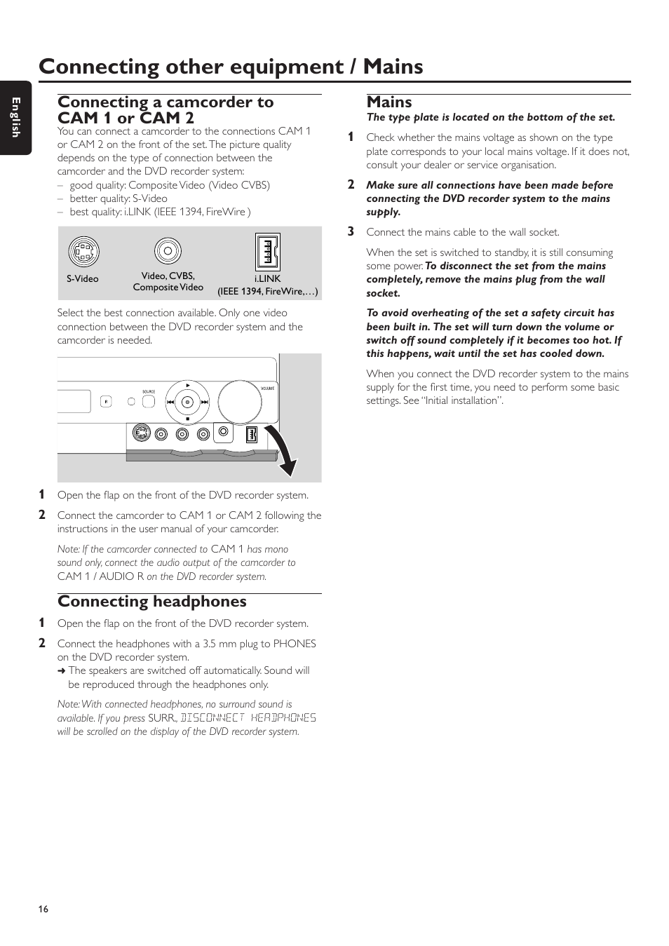 Connecting a camcorder to cam1 or cam2, Connecting headphones, Mains | Safe record, Connecting other equipment / mains, Connecting a camcorder to cam 1 or cam 2 | Philips LX7500R/04 User Manual | Page 16 / 70