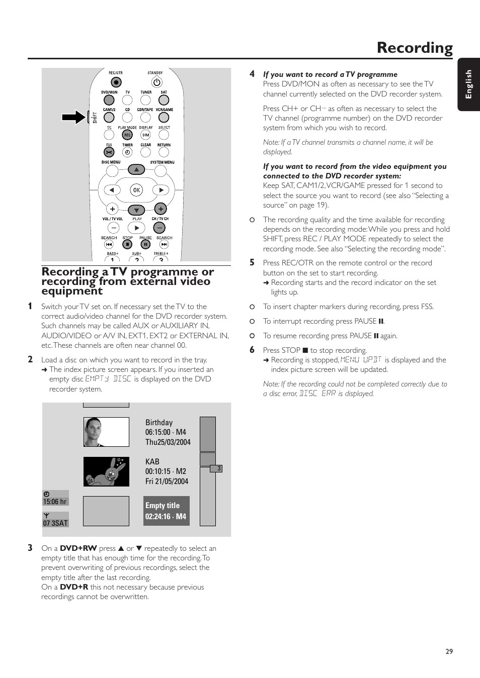 Recording | Philips LX7500R/04 User Manual | Page 29 / 70