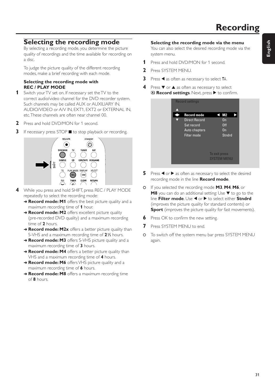 Selecting the recording mode, Selecting the recording mode with rec / play mode, Recording | Philips LX7500R/04 User Manual | Page 31 / 70