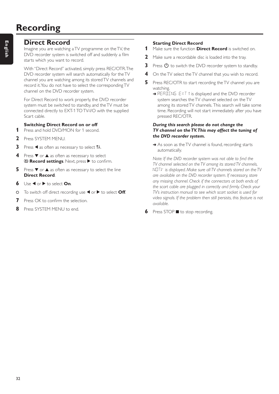 Direct record, Switching direct record on or off, Starting direct record | Recording | Philips LX7500R/04 User Manual | Page 32 / 70