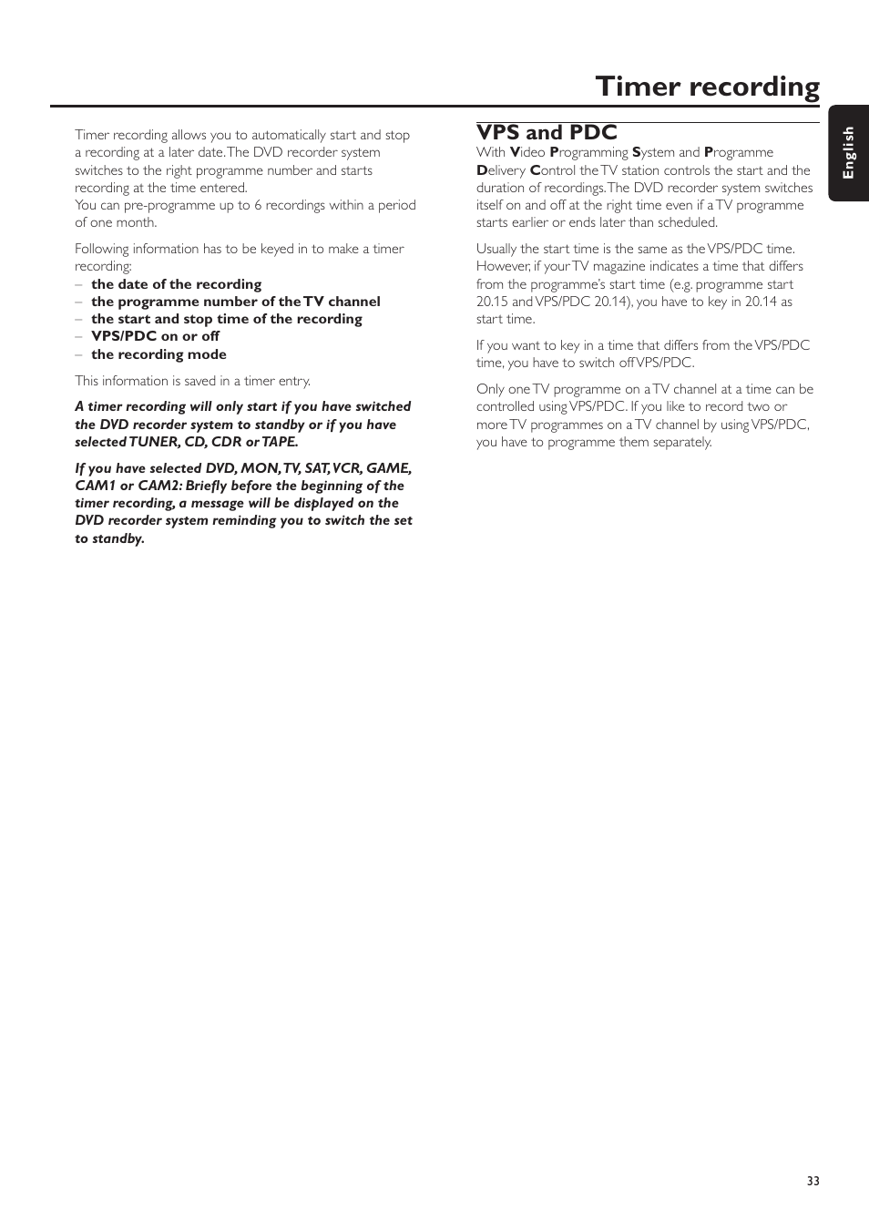 Timer recording, Vps and pdc | Philips LX7500R/04 User Manual | Page 33 / 70