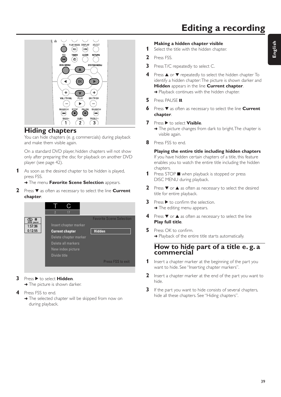 Hiding chapters, Making a hidden chapter visible, Playing the entire title including hidden chapters | How to hide part of a title e. g. a commercial, Amming a recording without the, Wview® system, Editing a recording | Philips LX7500R/04 User Manual | Page 39 / 70