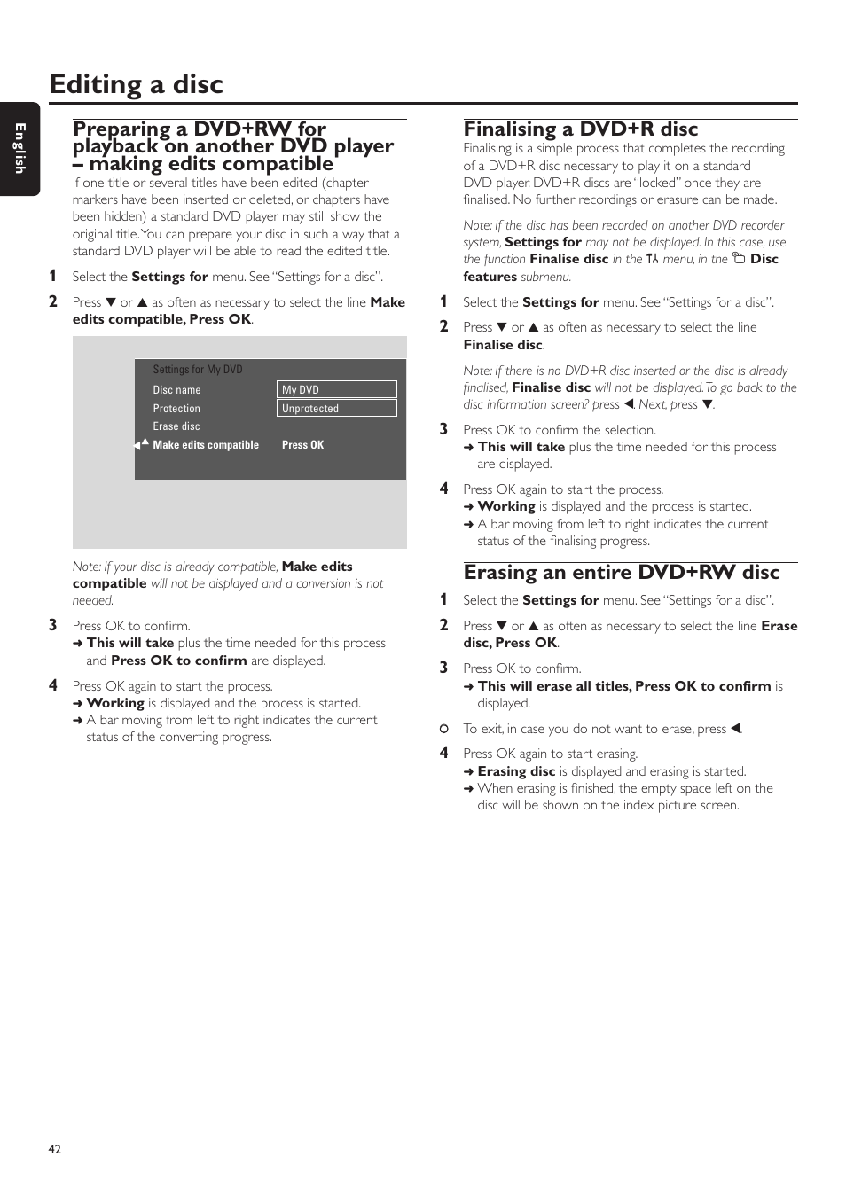 Editing a disc, Finalising a dvd+r disc, Erasing an entire dvd+rw disc | Dividing titles (on dvd+rw discs only), Activating or deactivating the write protection, Ing a dvd+rw for playback on another, Vd player – making edits compatib | Philips LX7500R/04 User Manual | Page 42 / 70