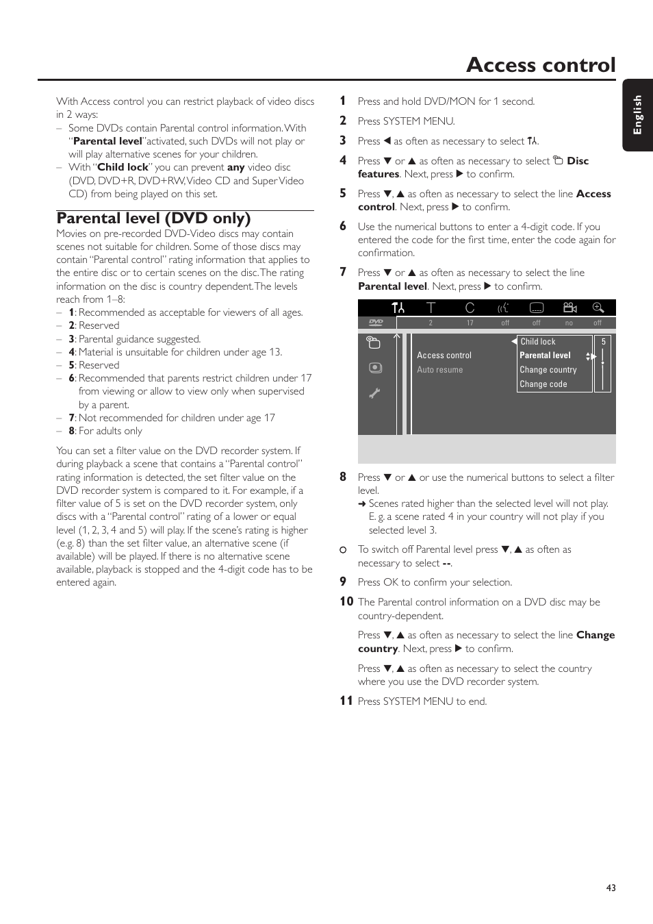 Access control, Parental level (dvd only), Finalising a dvd+r disc | Asing an entire dvd+rw disc, Sz y | Philips LX7500R/04 User Manual | Page 43 / 70