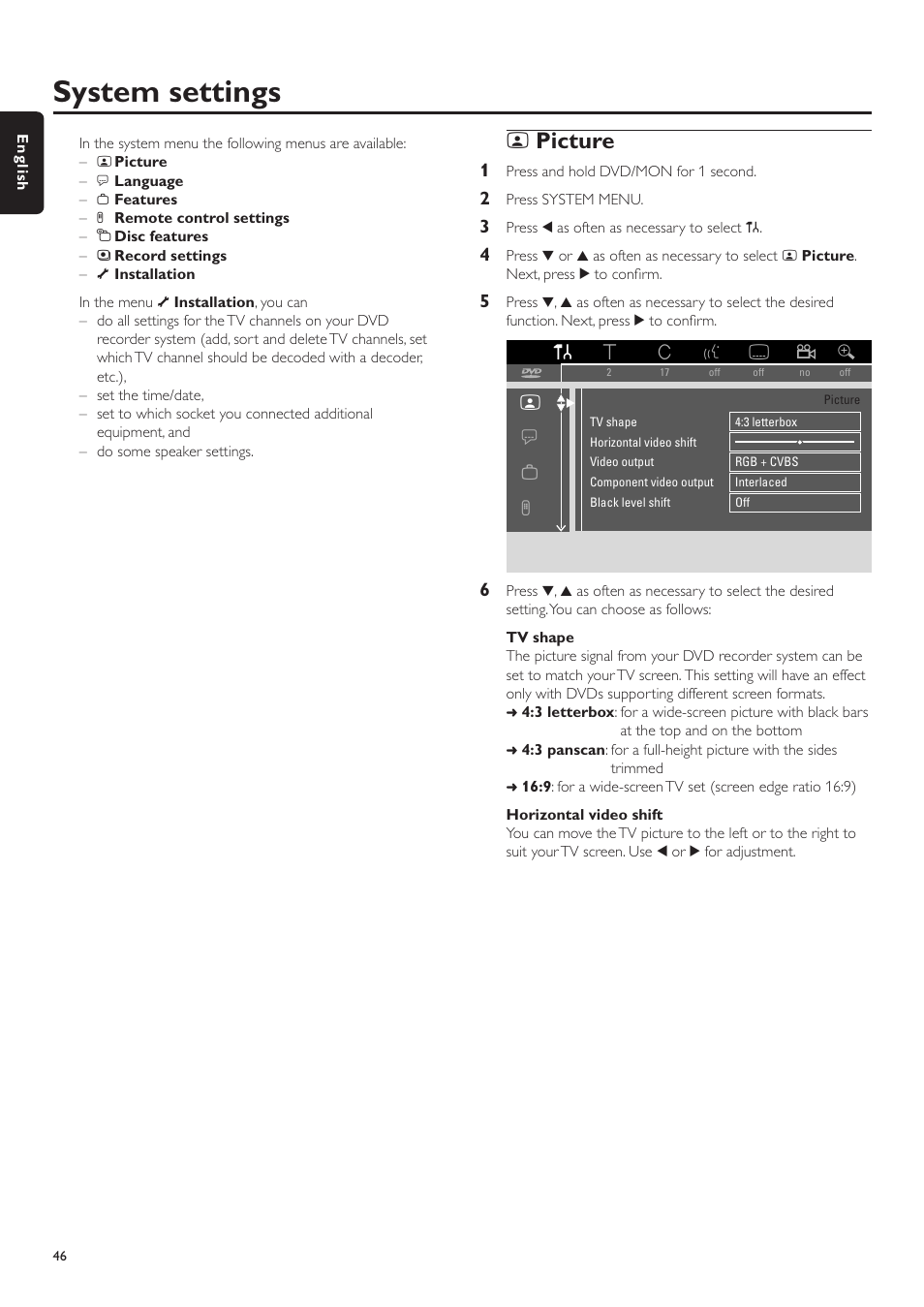 System settings, Picture, Tv shape | Horizontal video shift, Changing the 4-digit code, Ou have forgotten your 4-digit code, Tpicture, Tu w x | Philips LX7500R/04 User Manual | Page 46 / 70