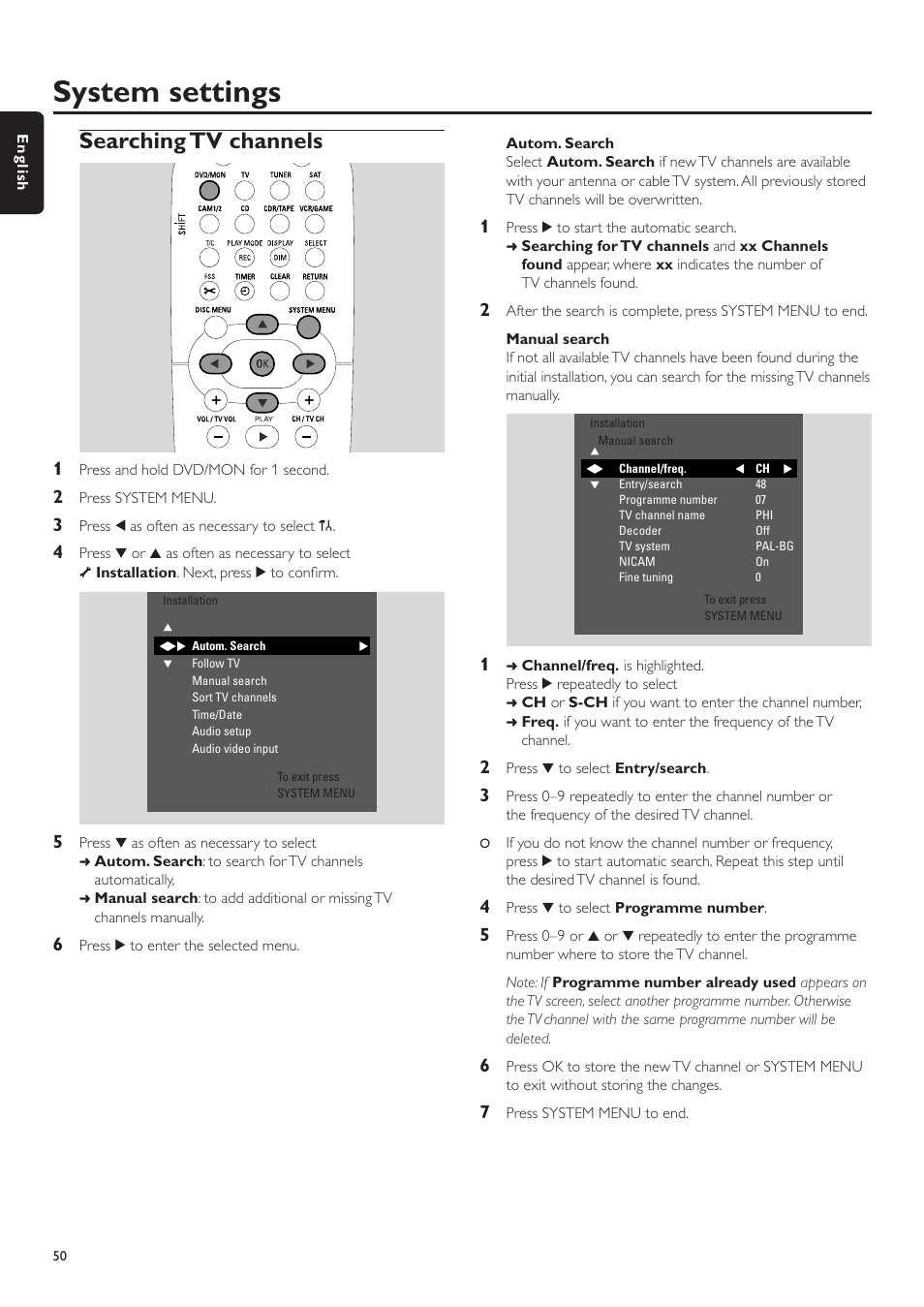 Searching tv channels, Autom. search, Manual search | Adapt disc format, Record settings, Record mode, System settings | Philips LX7500R/04 User Manual | Page 50 / 70