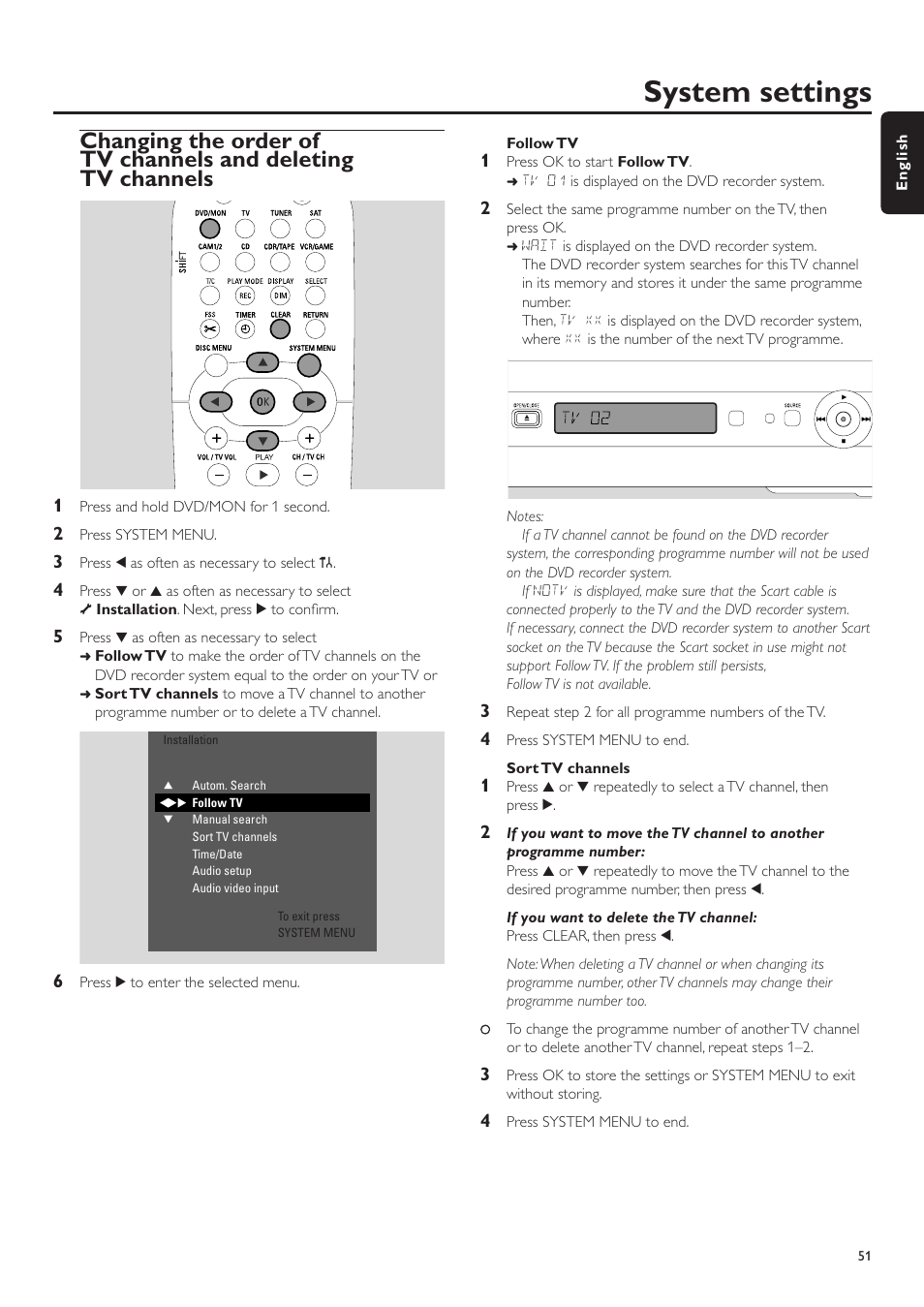 Follow tv, Sort tv channels, Direct record | Sat record, Auto chapters, Filter mode, Searching tv channels, System settings | Philips LX7500R/04 User Manual | Page 51 / 70