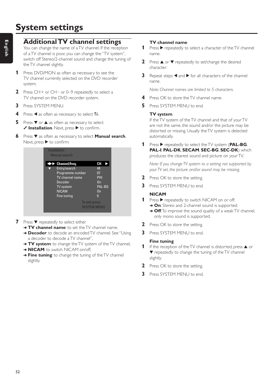 Additional tv channel settings, Tv channel name, Tv system | Nicam, Fine tuning, Autom. search ––––––––––––––––––––––––––––– 50, W tv, System settings | Philips LX7500R/04 User Manual | Page 52 / 70