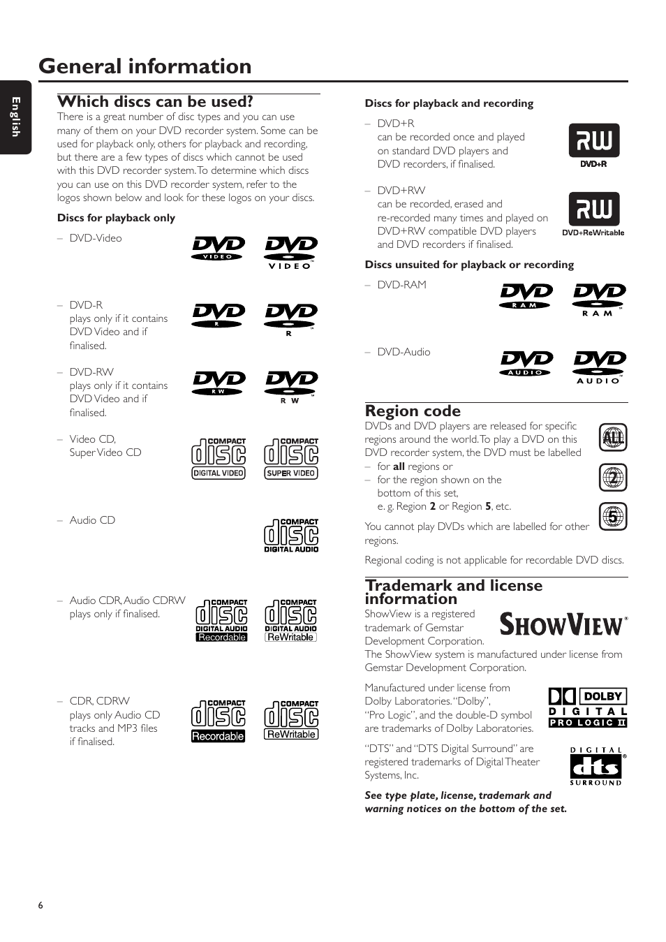 Which discs can be used, Region code, Trademark and license information | Ademark and license information, Disc pla, General information | Philips LX7500R/04 User Manual | Page 6 / 70
