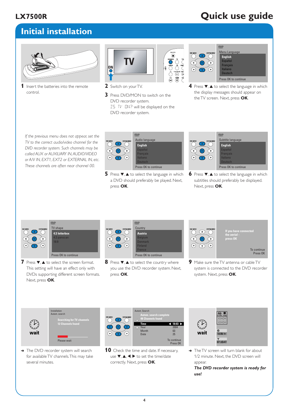 Quick use guide, Initial installation, Lx7500r | Philips LX7500R/04 User Manual | Page 68 / 70