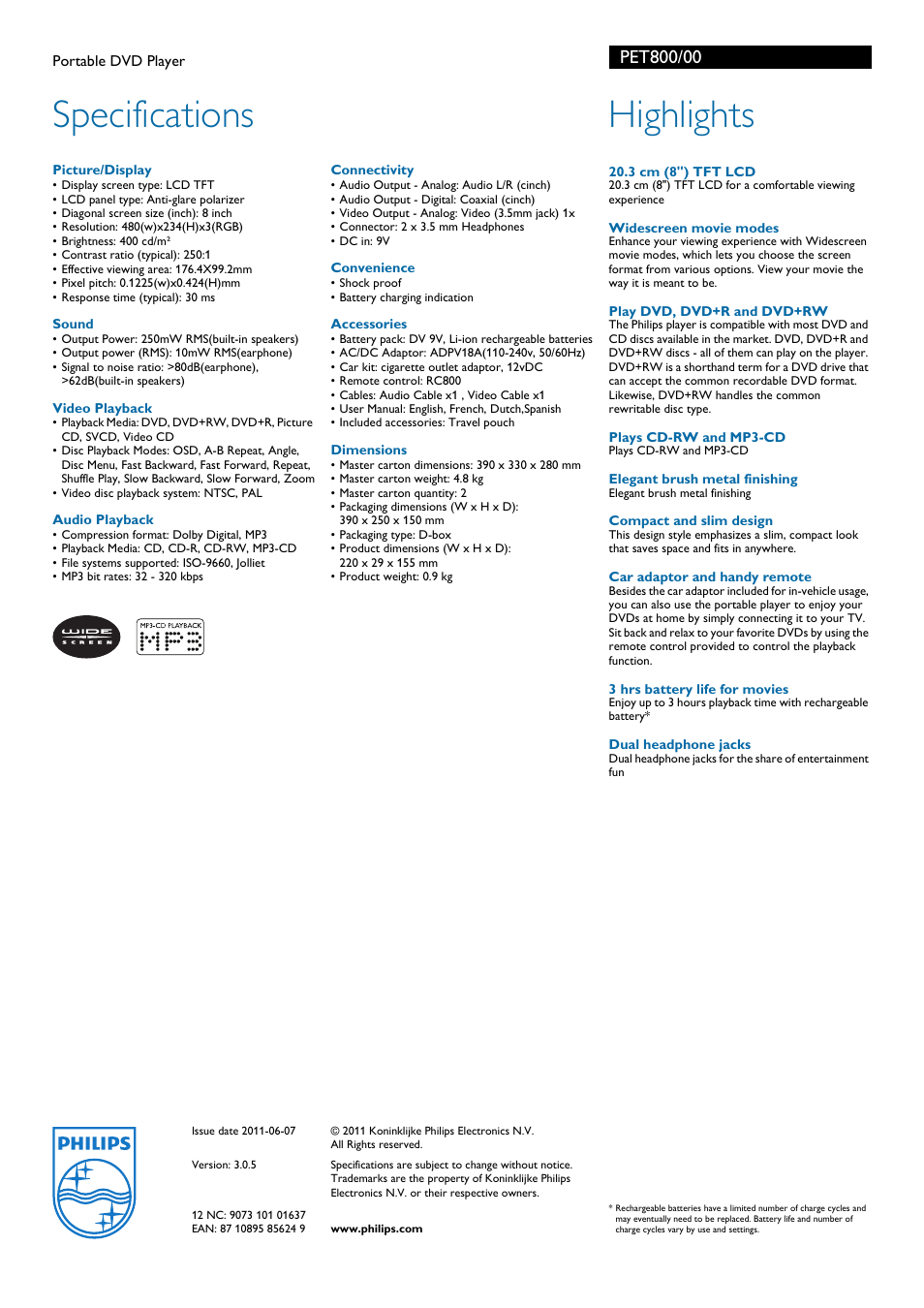Specifications, Highlights | Philips PET800 User Manual | Page 2 / 2