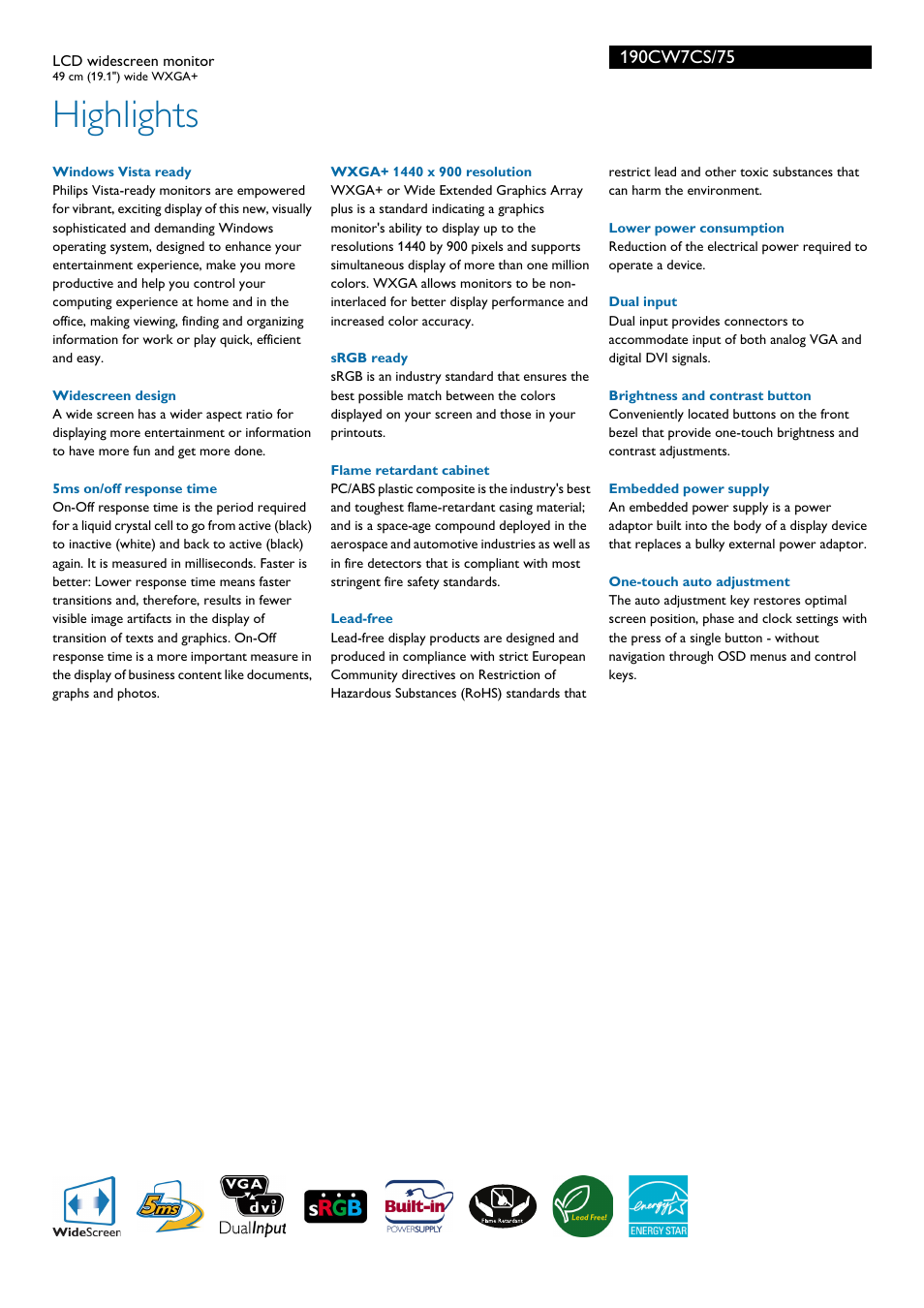 Highlights | Philips WXGA+ 190CW7CS/75LCD User Manual | Page 2 / 3