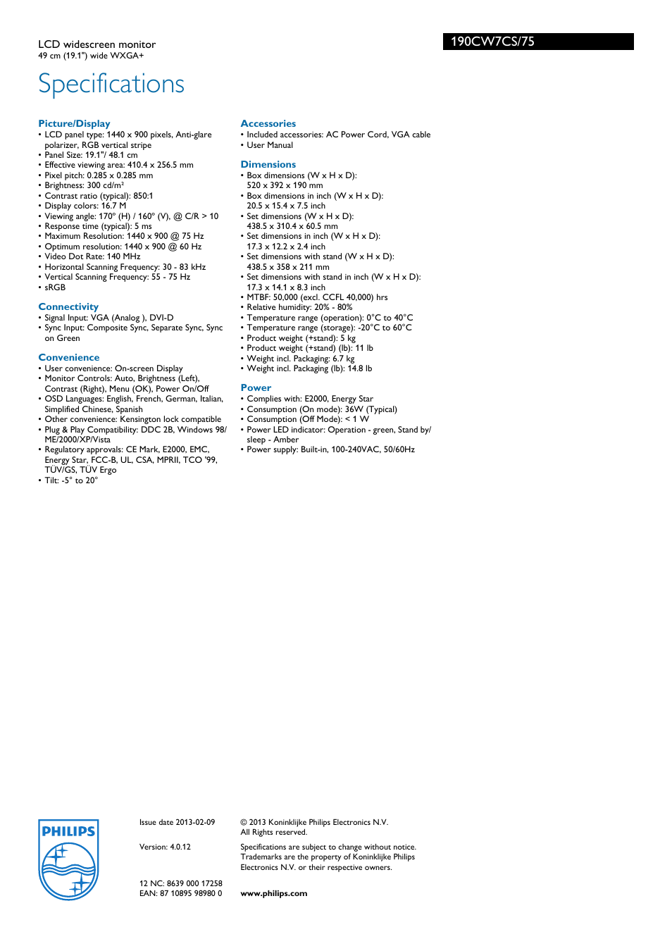 Specifications | Philips WXGA+ 190CW7CS/75LCD User Manual | Page 3 / 3