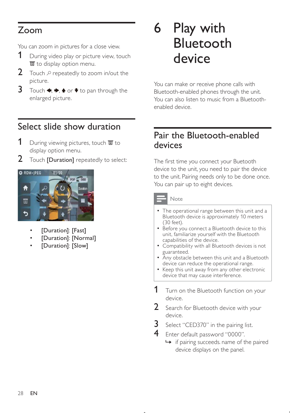 6 play with bluetooth device, Pair the bluetooth-enabled devices, Zoom | Select slide show duration 1 | Philips CED370/00 User Manual | Page 27 / 41