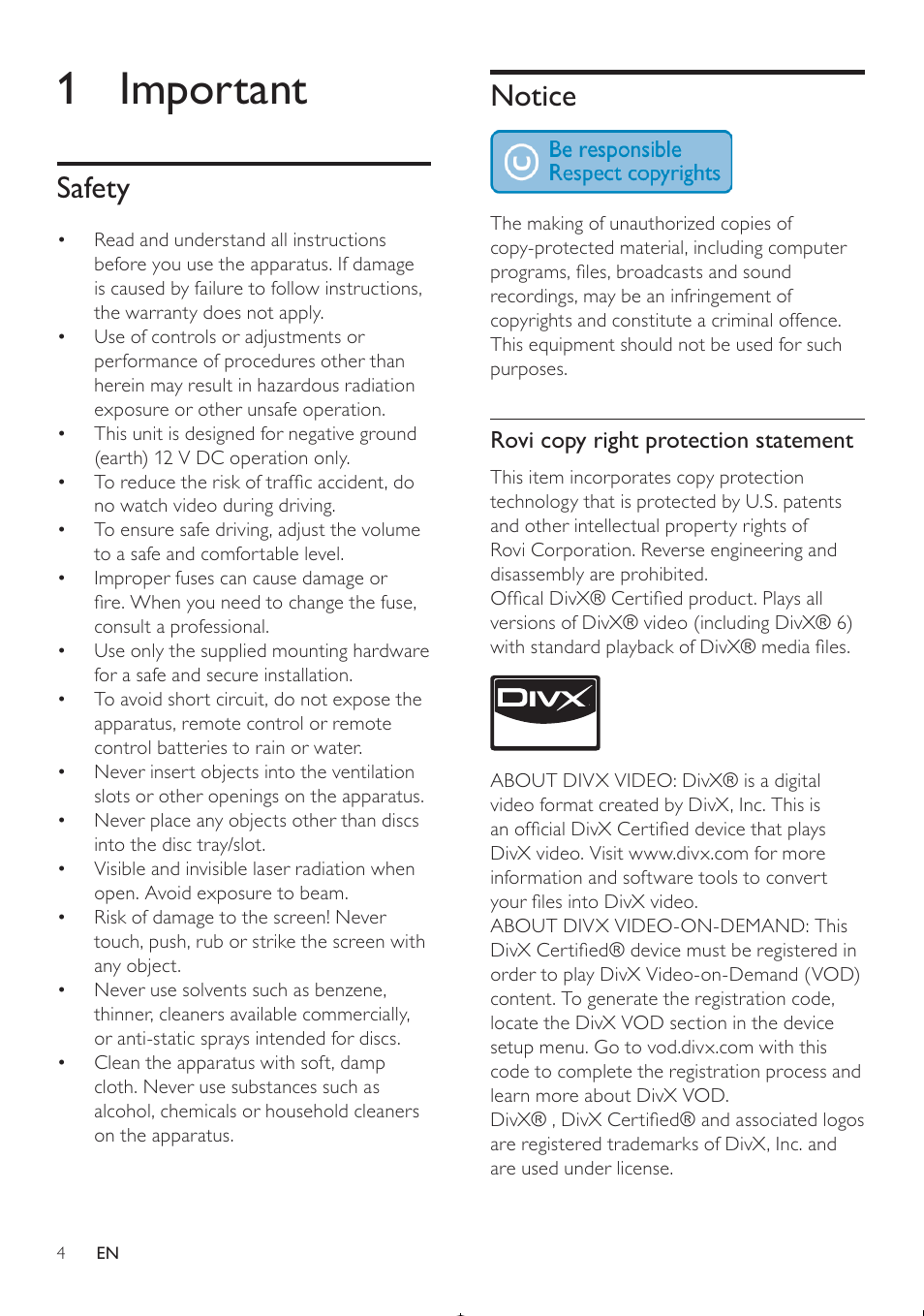 1 important, Notice, Safety | Philips CED370/00 User Manual | Page 3 / 41