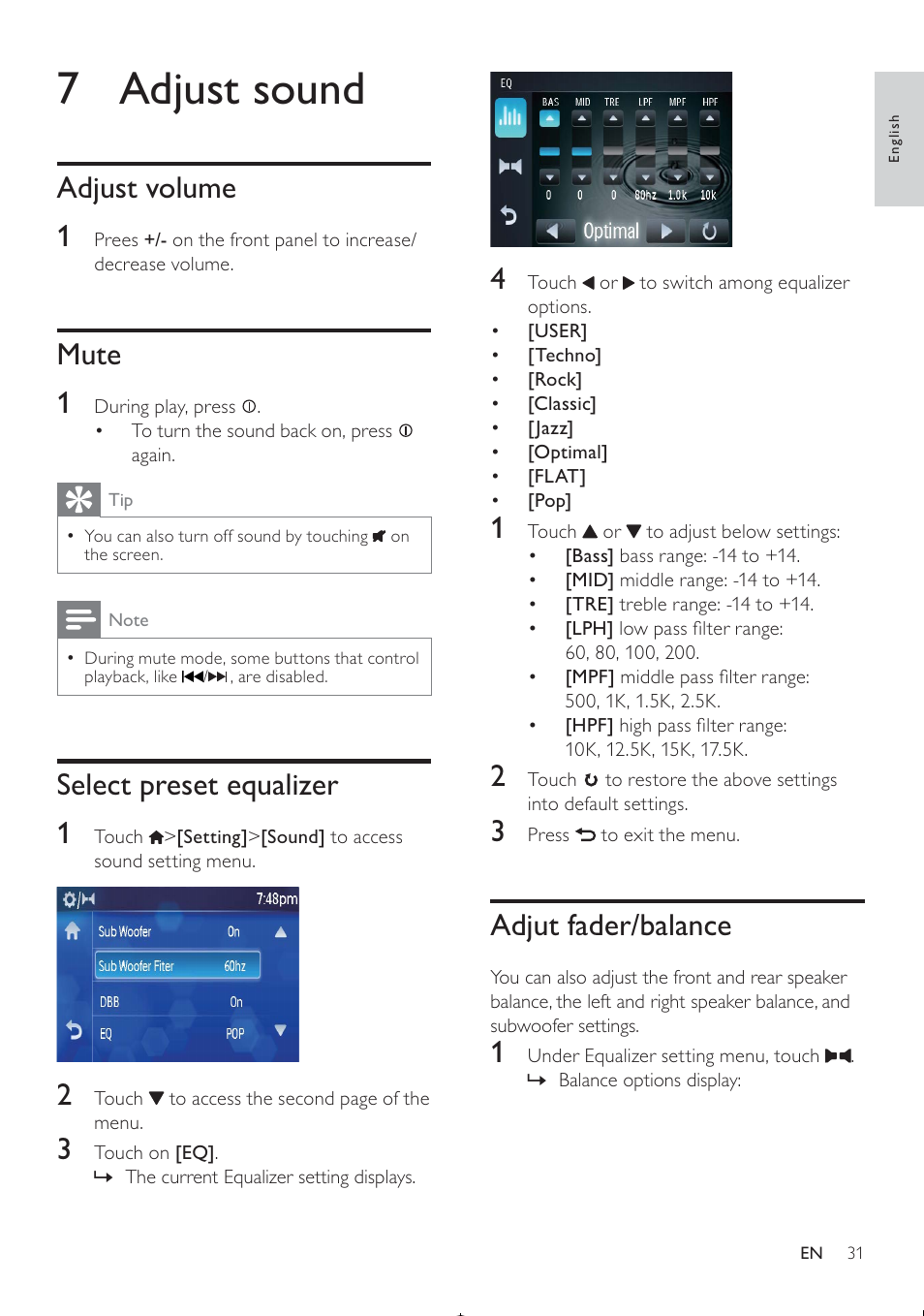 7 adjust sound, Adjut fader/balance, Adjust volume 1 | Mute 1, Select preset equalizer 1 | Philips CED370/00 User Manual | Page 30 / 41