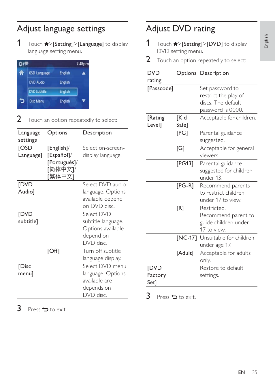 Adjust dvd rating 1, Adjust language settings 1 | Philips CED370/00 User Manual | Page 34 / 41