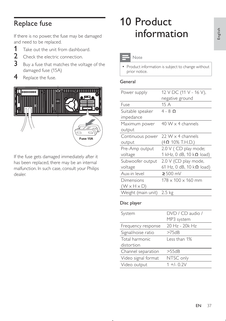 10 product information, Replace fuse | Philips CED370/00 User Manual | Page 36 / 41