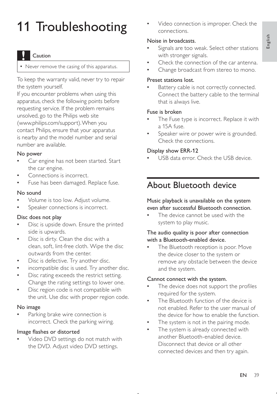 11 troubleshooting, About bluetooth device | Philips CED370/00 User Manual | Page 38 / 41