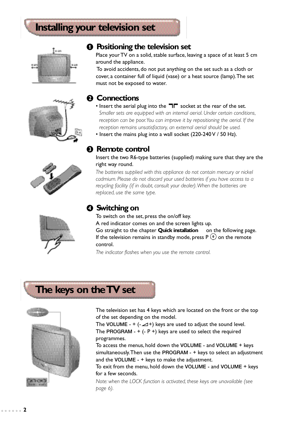 Positioning the television set, Connections, Remote control | Switching on | Philips 14PT1365 User Manual | Page 2 / 10
