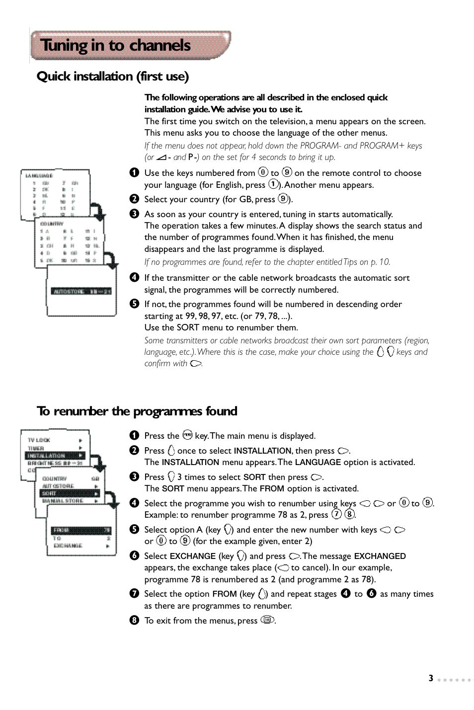 Tuning in to channels, Quick installation (first use) | Philips 14PT1365 User Manual | Page 3 / 10