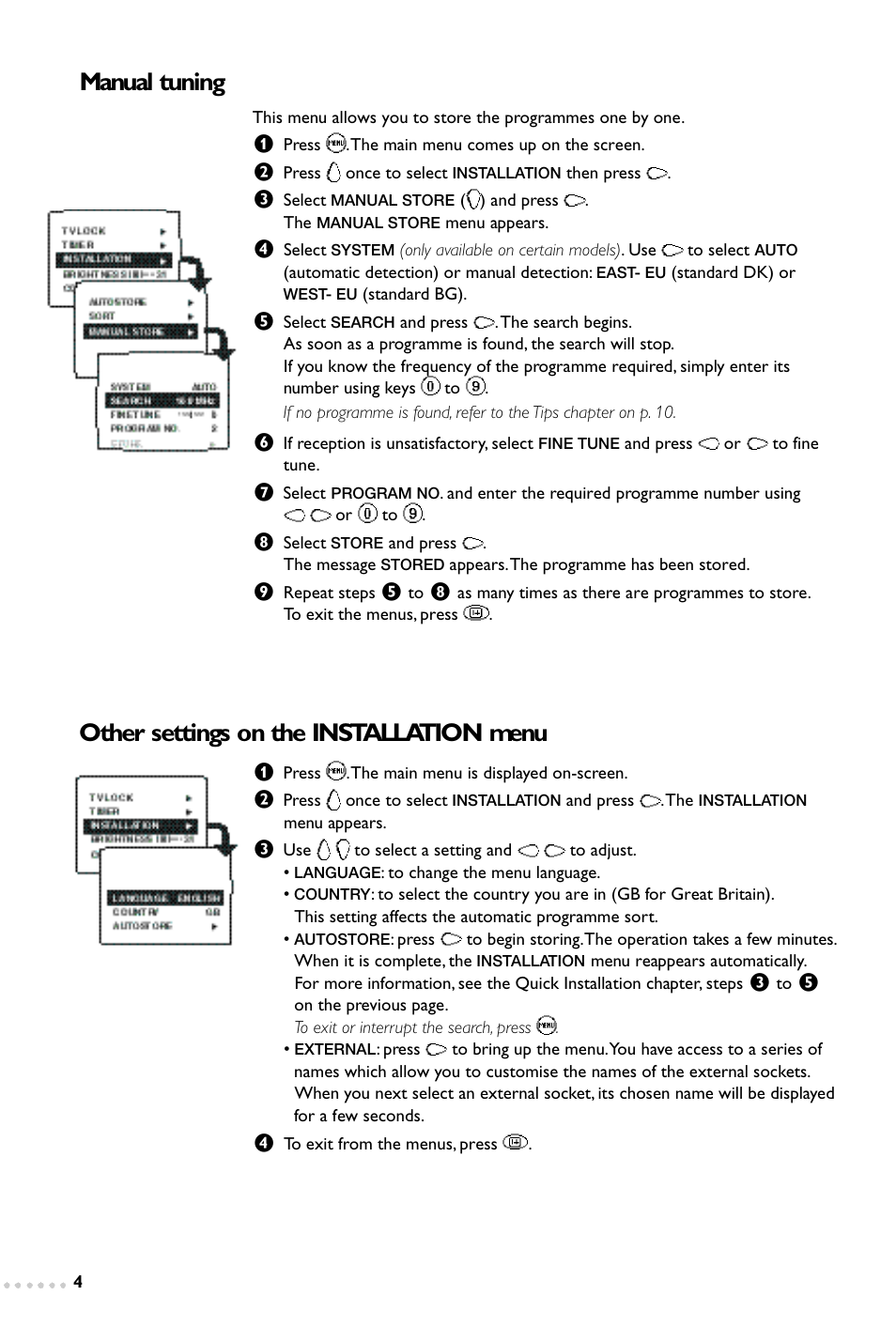 Manual tuning, Other settings on the installation menu | Philips 14PT1365 User Manual | Page 4 / 10