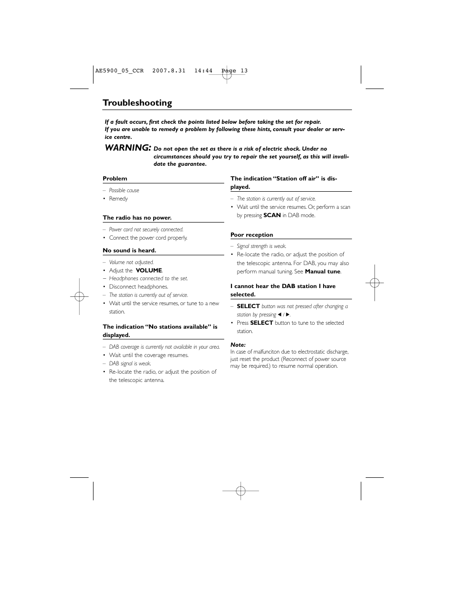 Troubleshooting, Warning | Philips DAB FM radio AE5900 User Manual | Page 13 / 43