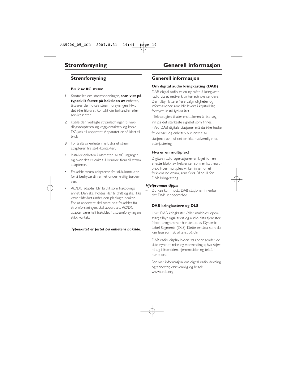 Strømforsyning generell informasjon | Philips DAB FM radio AE5900 User Manual | Page 19 / 43