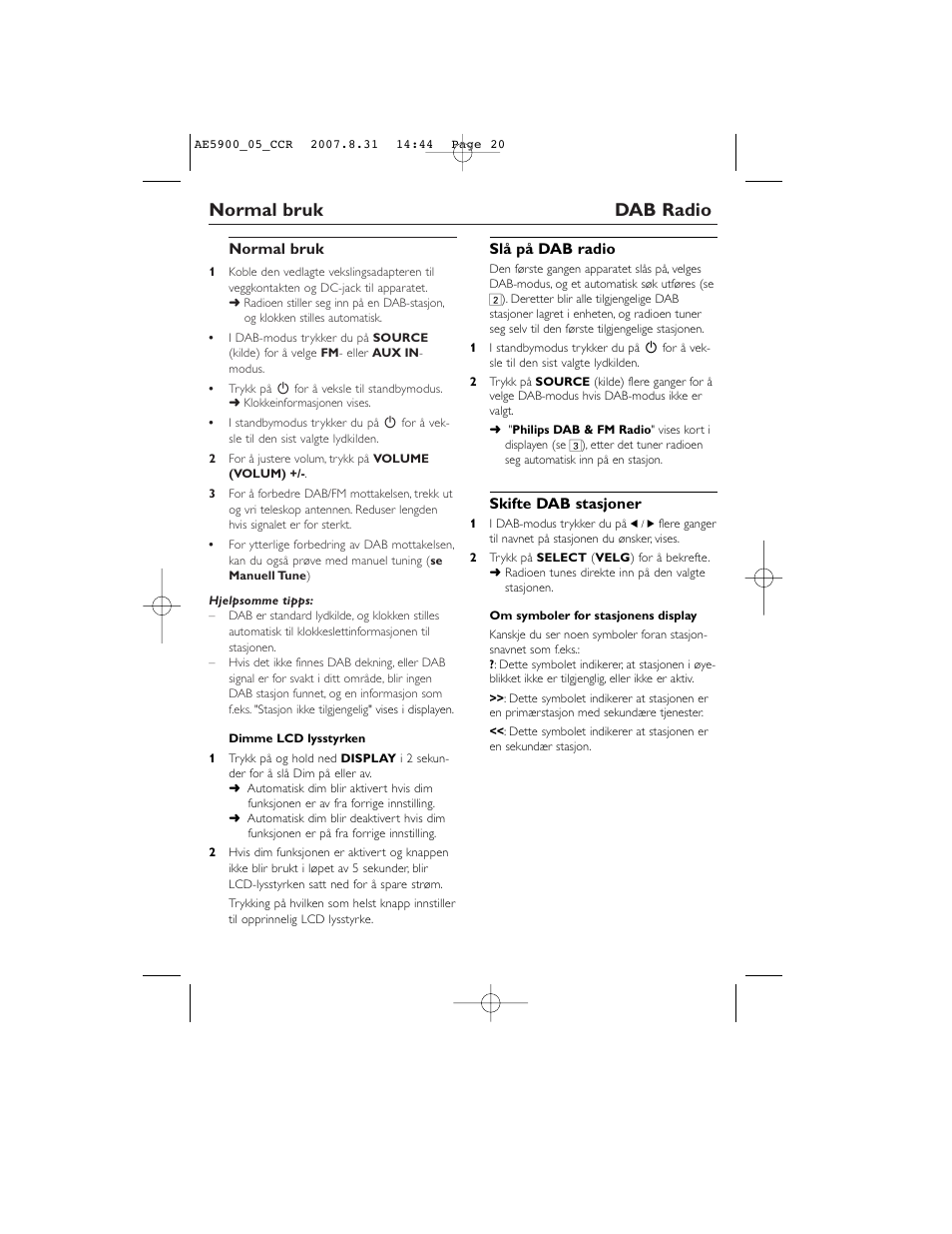 Normal bruk dab radio | Philips DAB FM radio AE5900 User Manual | Page 20 / 43