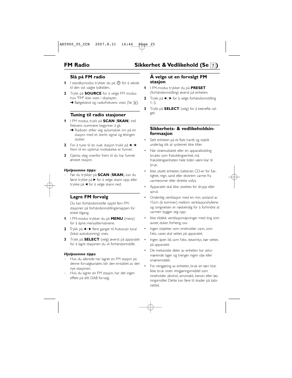 Fm radio sikkerhet & vedlikehold (se 7 ) | Philips DAB FM radio AE5900 User Manual | Page 25 / 43