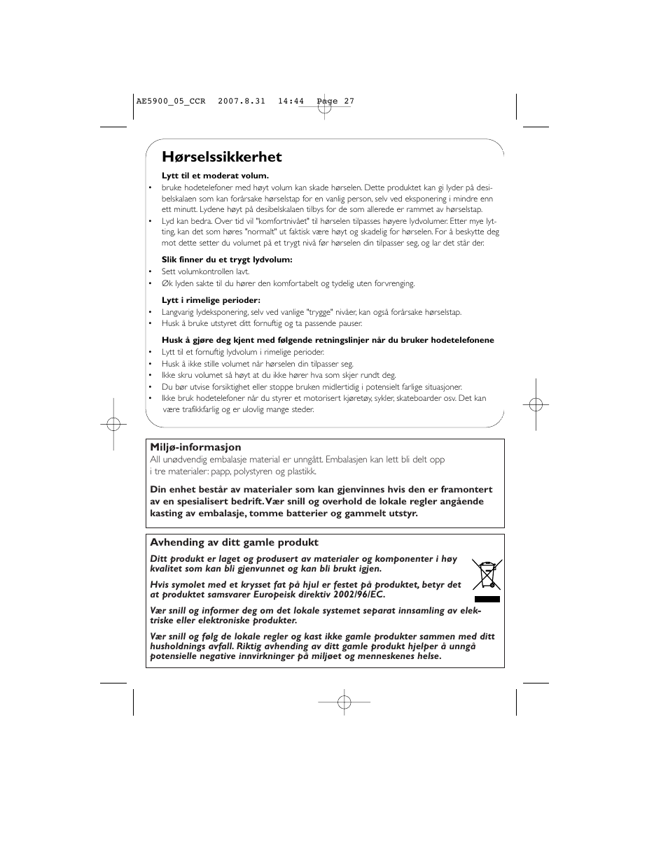 Hørselssikkerhet | Philips DAB FM radio AE5900 User Manual | Page 27 / 43