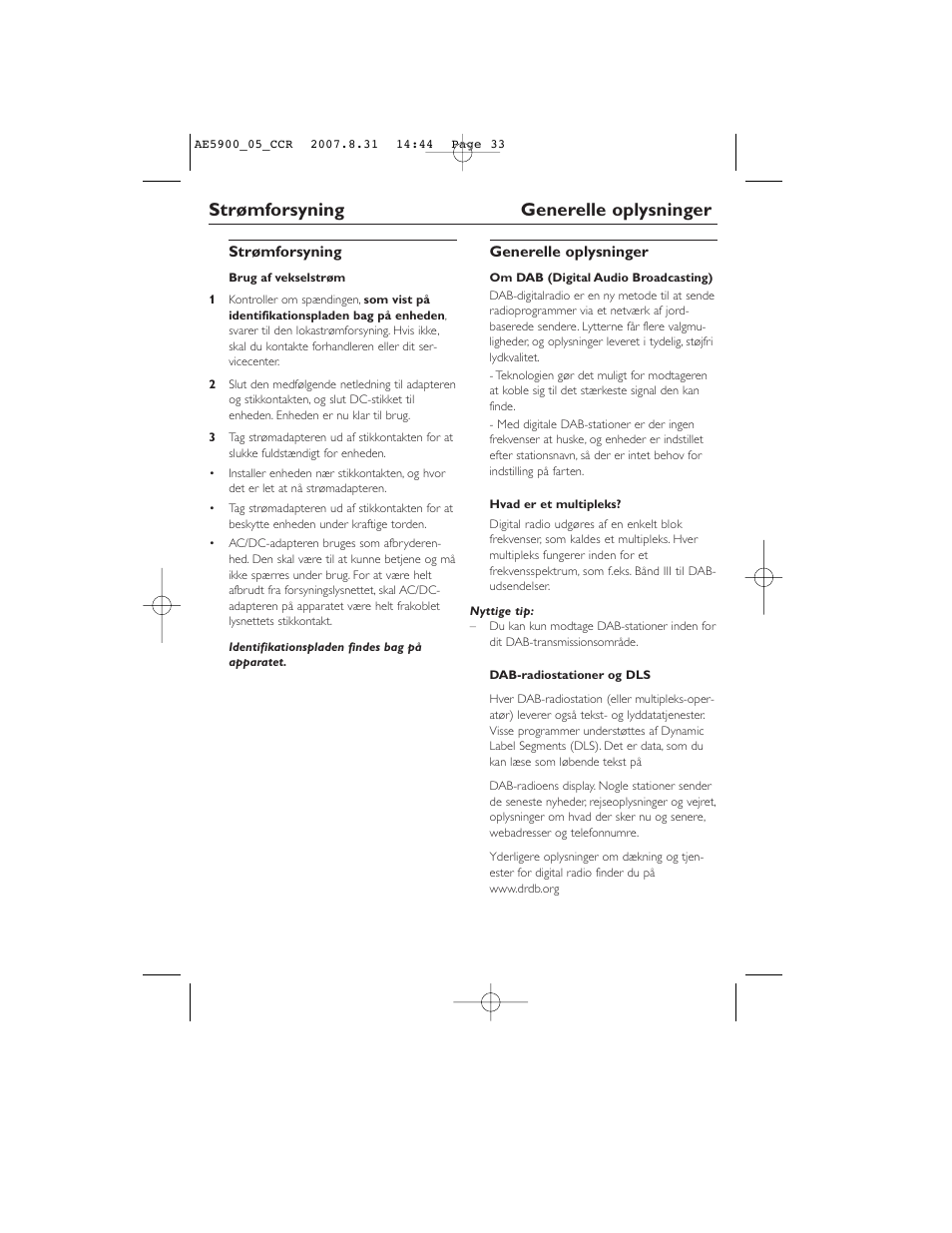 Strømforsyning generelle oplysninger | Philips DAB FM radio AE5900 User Manual | Page 33 / 43